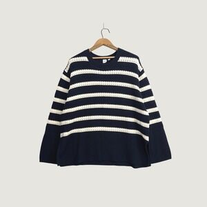 GAP Navy Blue White Striped Split Hem Cotton Pointelle Sweater Large Boxy Fit